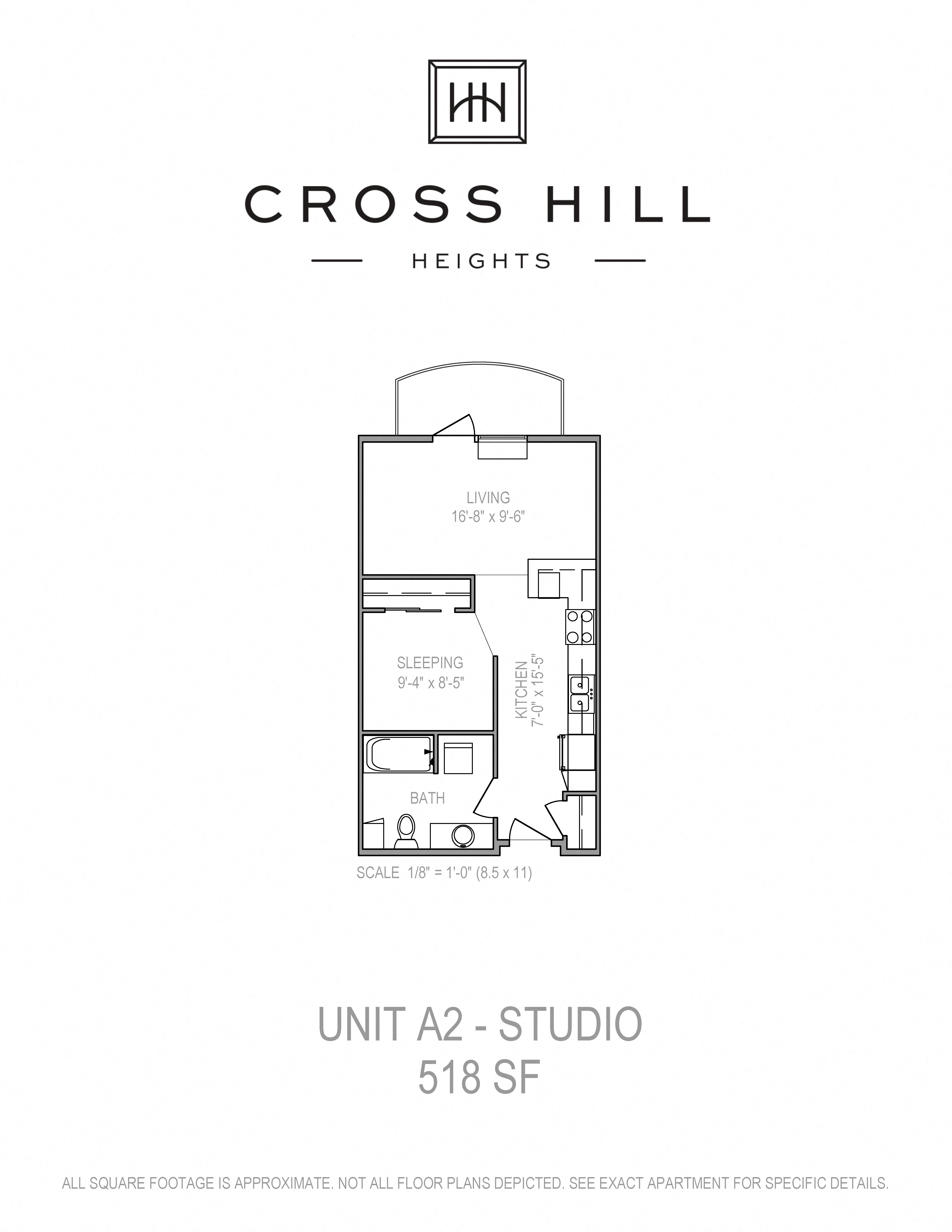 Floor plan for studio, 1 bath, 518 sqft